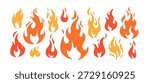 Fire flame shapes set. Hot red, orange and yellow blaze, burning. Heat energy, flammable warning symbols, crayon drawn stickers. Flat graphic vector illustration isolated on white background.