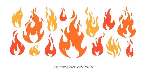 Fire flame shapes set. Hot red, orange and yellow blaze, burning. Heat energy, flammable warning symbols, crayon drawn stickers. Flat graphic vector illustration isolated on white background.