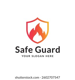 Fire or Flame  Shield Logo Symbol with Gradient Vector Flat Design Concept. Protection, Safe Guard  Flat Icon on White Background.