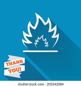 Fire flame sign icon. Heat symbol. Stop fire. Escape from fire. White flat icon with long shadow. Paper ribbon label with Thank you text. Vector