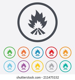 Fire flame sign icon. Heat symbol. Stop fire. Escape from fire. Round circle buttons with frame. Vector