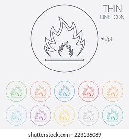 Fire flame sign icon. Heat symbol. Stop fire. Escape from fire. Thin line circle web icons with outline. Vector