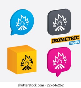 Fire flame sign icon. Heat symbol. Stop fire. Escape from fire. Isometric speech bubbles and cube. Rotated icons with edges. Vector