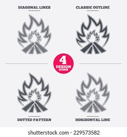 Fire flame sign icon. Heat symbol. Stop fire. Escape from fire. Diagonal and horizontal lines, classic outline, dotted texture. Pattern design icons.  Vector