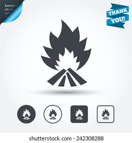 Fire flame sign icon. Heat symbol. Stop fire. Escape from fire. Circle and square buttons. Flat design set. Thank you ribbon. Vector