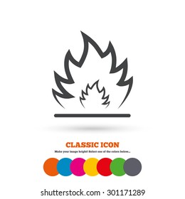 Fire flame sign icon. Heat symbol. Stop fire. Escape from fire. Classic flat icon. Colored circles. Vector