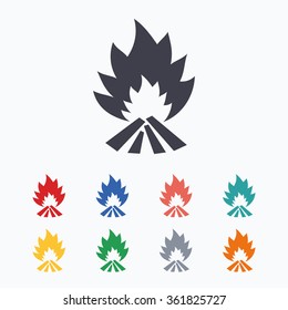 Fire flame sign icon. Heat symbol. Stop fire. Escape from fire. Colored flat icons on white background.