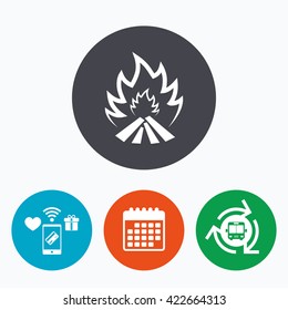 Fire flame sign icon. Heat symbol. Stop fire. Escape from fire. Mobile payments, calendar and wifi icons. Bus shuttle.