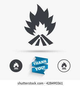 Fire flame sign icon. Heat symbol. Stop fire. Escape from fire. Flat icons. Buttons with icons. Thank you ribbon. Vector
