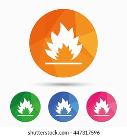 Fire flame sign icon. Heat symbol. Stop fire. Escape from fire. Triangular low poly button with flat icon. Vector
