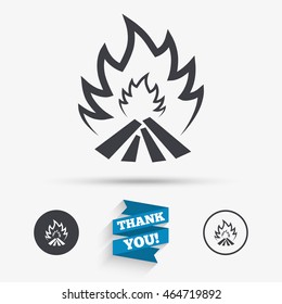 Fire flame sign icon. Heat symbol. Stop fire. Escape from fire. Flat icons. Buttons with icons. Thank you ribbon. Vector