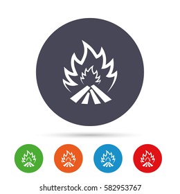 Fire flame sign icon. Heat symbol. Stop fire. Escape from fire. Round colourful buttons with flat icons. Vector