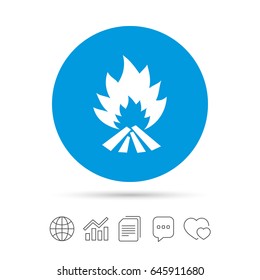 Fire flame sign icon. Heat symbol. Stop fire. Escape from fire. Copy files, chat speech bubble and chart web icons. Vector