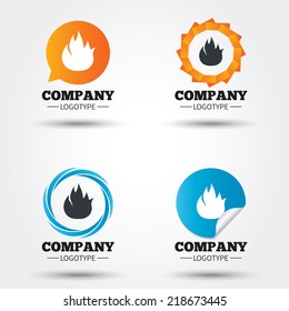 Fire flame sign icon. Fire symbol. Stop fire. Escape from fire. Business abstract circle logos. Icon in speech bubble, wreath. Vector