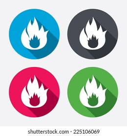 Fire flame sign icon. Fire symbol. Stop fire. Escape from fire. Circle buttons with long shadow. 4 icons set. Vector