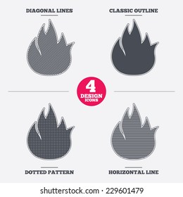 Fire flame sign icon. Fire symbol. Stop fire. Escape from fire. Diagonal and horizontal lines, classic outline, dotted texture. Pattern design icons.  Vector