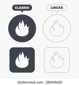 Fire flame sign icon. Fire symbol. Stop fire. Escape from fire. Classic and line web buttons. Circles and squares. Vector