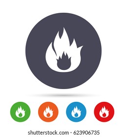 Fire flame sign icon. Fire symbol. Stop fire. Escape from fire. Round colourful buttons with flat icons. Vector
