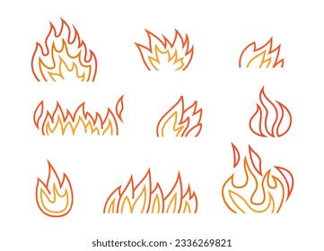 Fire, flame signs collection. Different icons. Modern graphic. Editable Vector Illustration in a orange, yellow, red colors isolated on a white background