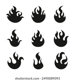 Fire flame silhouette icon set isolated on white background