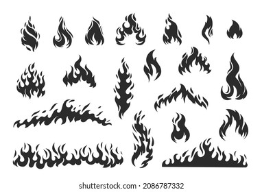 Fire flame silhouette set. Icon flare bonfire, bright small and big fiery elements. Simple flaming elements vector illustration.