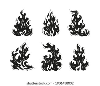 Fire Flame Silhouettes Vector Set. Black and White Fire Flames Tattoo Icons Drawing