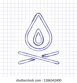 fire flame. simple silhouette. Hand drawn picture on paper sheet. Blue ink, outline sketch style. Doodle on checkered background