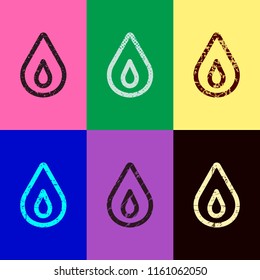 fire flame. simple silhouette. Pop art style. Scratched icons on 6 colour backgrounds. Seamless pattern