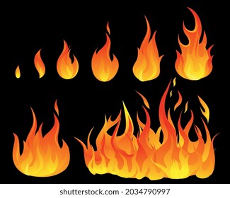 Fire flame small big icon set spreading flames step by step to the big fire vector illustration