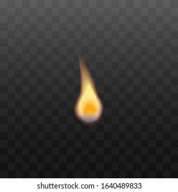 Fire flame small bright burning element isolated realistic vector illustration on transparent background. Bonfire light icon the symbol of danger and energy.