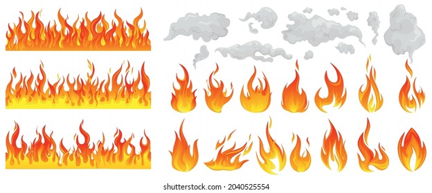 Fire flame smoke icon set different types borders and grades of fires and smokes vector illustration