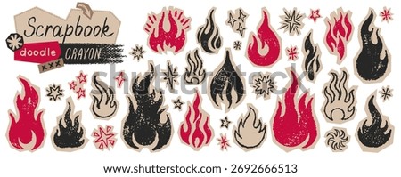 Fire flame and star hand drawn vector icon. Doodle scrapbook sticker with brush or crayon fire, flame, star. Cutout grunge grafitti icon. Sketch vintage paper illustration. Tattoo Punk Rock pattern bg