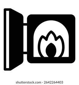 Fire flame in stove with metal door solid icon, pottery making concept. Vector graphics. Fireplace sign on white background, style mobile or design