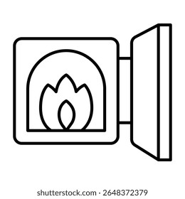 Fire flame in stove with metal door thin line icon, pottery making concept. Vector graphics. Fireplace sign on white background, style mobile or design