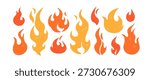 Fire flame symbols set. Hot glowing blaze, orange textured shapes, hand-drawn crayon design elements. Heat energy, warm power, inferno signs. Flat vector illustration isolated on white background