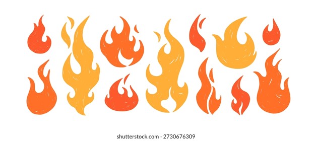 Conjunto de símbolos de llama de fuego. Llama brillante caliente, Formas de textura naranja, Elementos de diseño de crayón dibujados a mano. Energía térmica, energía térmica, signos de infierno. Ilustración vectorial plana aislada sobre fondo blanco