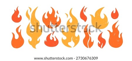 Fire flame symbols set. Hot glowing blaze, orange textured shapes, hand-drawn crayon design elements. Heat energy, warm power, inferno signs. Flat vector illustration isolated on white background