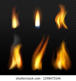 Fire flame template. Realistic fuego effects candlelight with orange smoke vector realistic isolation