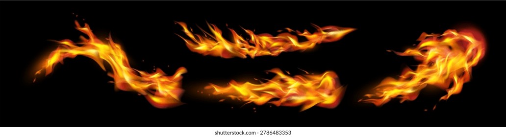 Fire flame trails, burning tongues. Vector realistic set of ball or tails, raging blaze effect, glowing shining flare borders. Blazing inferno traces or lines, natural texture, game design