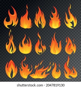 Fire flame transparent icon set different types of flames of different shapes and sizes on transparent background vector illustration