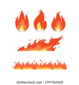 Fire Flame of various shapes. vector icons in cartoon style. isolated background.