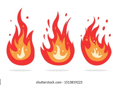 Fire flame vector cartoon icons set isolated on a white background.