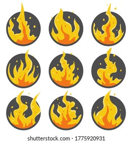 Fire flame vector cartoon icons set isolated on a white background.