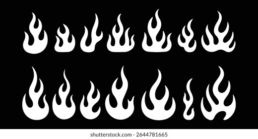 Elementos de design de vetor de chama de fogo isolados no fundo preto na cor branca. estilo clássico dos anos 90, motocicleta e estilo de carro de haste quente. Antiga escola, tatuagens retrô