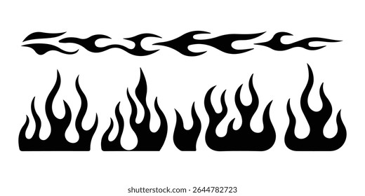 Elementos de design de vetor de chama de fogo isolados no fundo branco na cor preta. estilo clássico dos anos 90, motocicleta e estilo de carro de haste quente. Antiga escola, tatuagens retrô