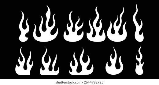 Elementos de design de vetor de chama de fogo isolados no fundo preto na cor branca. estilo clássico dos anos 90, motocicleta e estilo de carro de haste quente. Antiga escola, tatuagens retrô