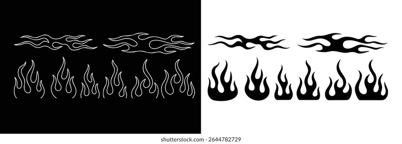 Elementos de design de vetor de chama de fogo isolados em fundo preto e branco. estilo clássico dos anos 90, motocicleta e estilo de carro de haste quente. Antiga escola, tatuagens retrô