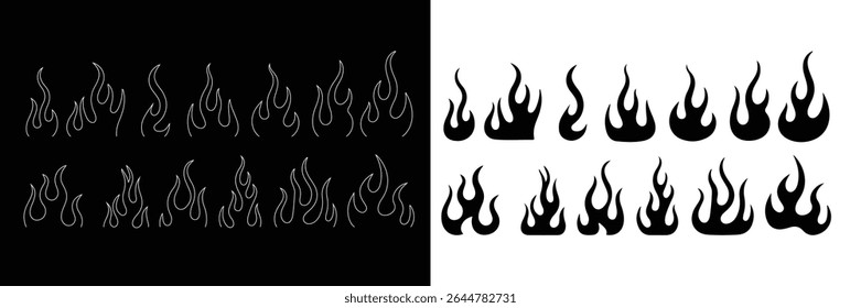 Fire flame vector design elements isolated on black and white background. classic 90s style, motorcycle and hot rod car style. Old school, retro tattoos