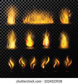 Fire flame vector fired flaming bonfire in fireplace and flammable campfire illustration fiery or flamy set with wildfire isolated on transparent background