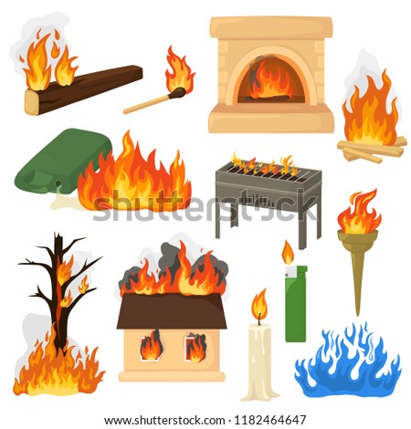 Fire flame vector fired flaming bonfire in fireplace and flammable campfire illustration fiery set of flamy torchlight or lighting flambeau isolated on white background
